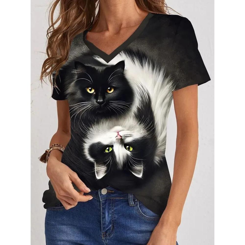 Summer V-neck Cute Cat Pattern 3D Printed Top Fashionable Casual Short Sleeved Women's T-shirts