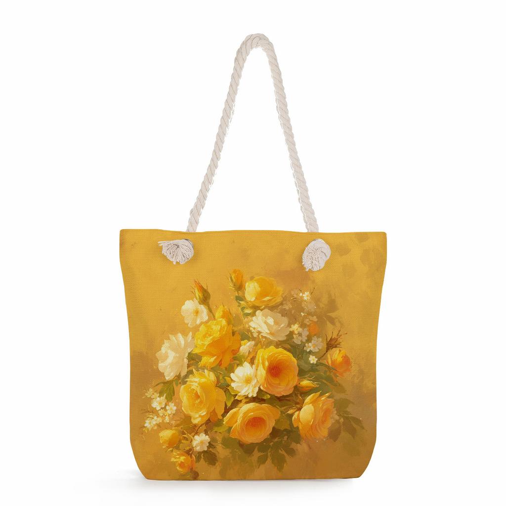 Multifunctional Oil painting flowers Printed Thick Rope Shoulder Beach Bag Casual large capacity handbag 0245