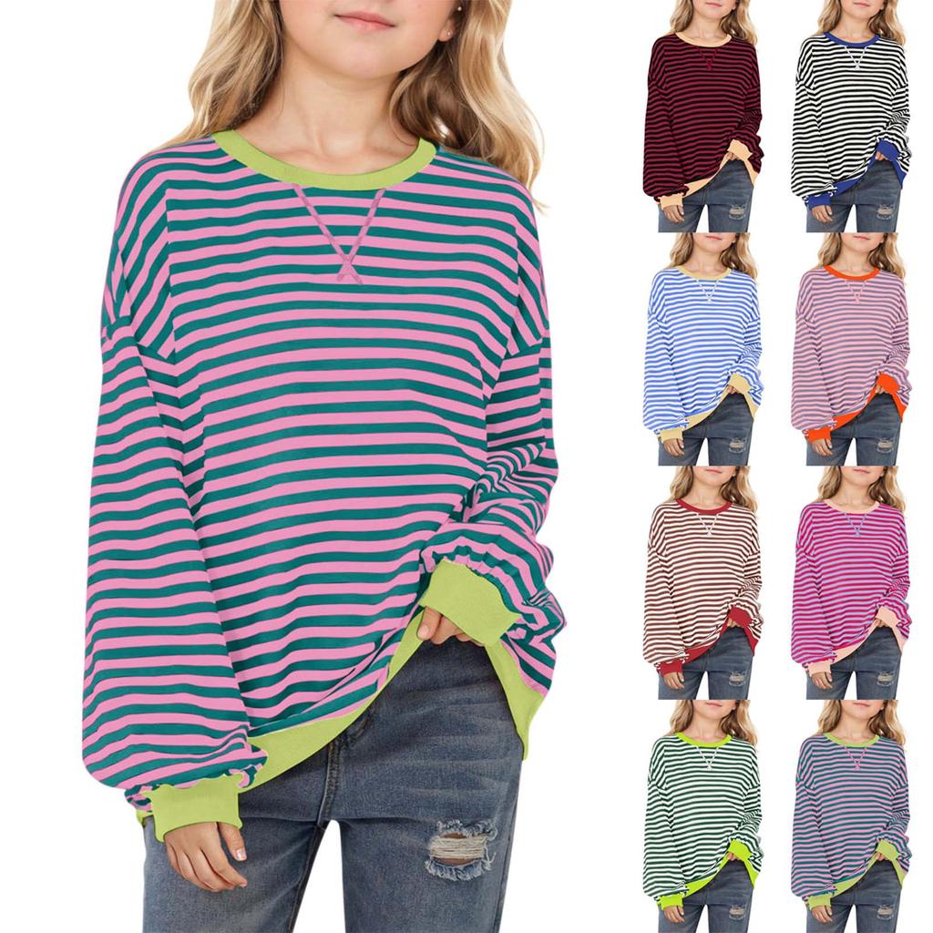 Children's Long-sleeved Sweatshirt Striped Color Block Top Round Neck Casual Comfortable Loose Light Sweatshirt