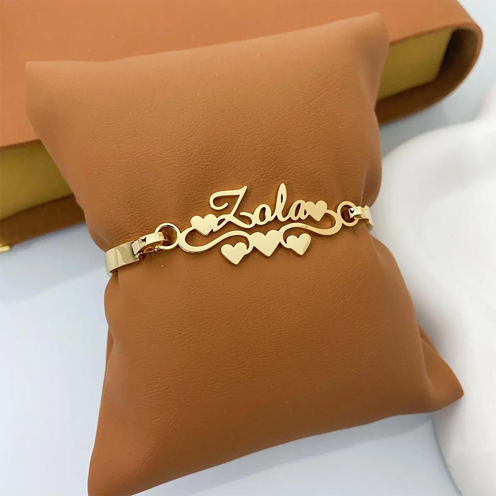 Custom Buckle Name Cuff Bangles Stainless Steel 18k-Gold-Plated Waterproof Bracelet Summer Punk Heart Romantic Personalized Gift