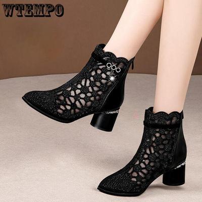 Soft Leather Mesh Cool Boots Spring and Summer Hollowed Out Sandals Women's Rhine-drill Permeable Chunky Heel Ankle Boots Women's Single Boots