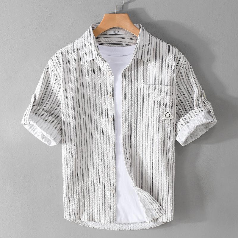 

Мужская летняя полосатая рубашка с коротким рукавом и фактурой пузырьков — модная и удобная, рукава с пятью точками 944 XL бежевый