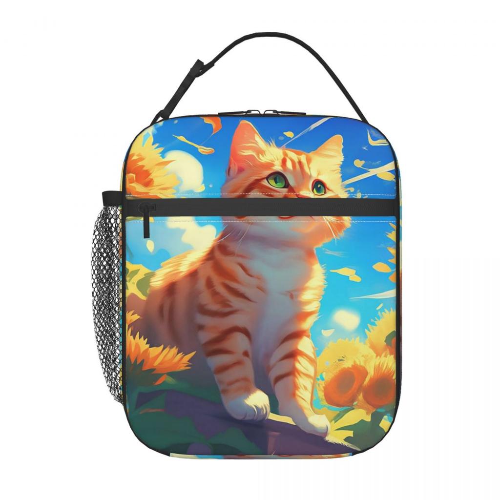 Sunflowers Surround Cat Pattern Insulated Lunch Bag for Women Children Portable Food Boxes Thermal Lunch Box Tote