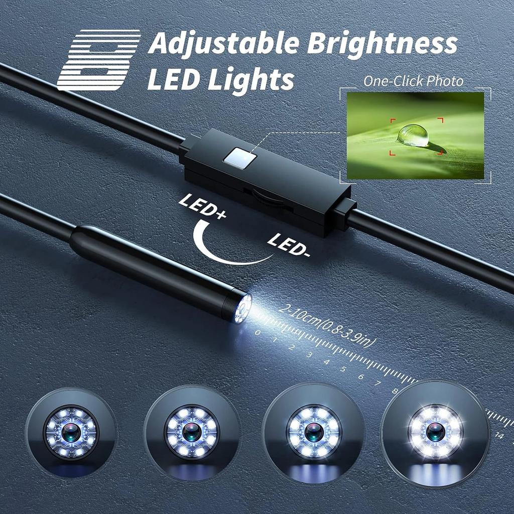 1920P HD Endoscope Camera 164ft Semi Rigid Snake 8 Adjustable LED Lights IP67 Waterproof Borescope for iOS Android