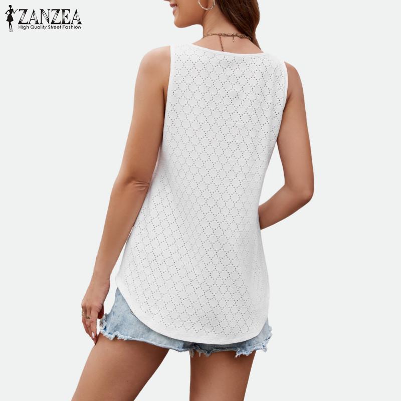 ZANZEA Women Summer V-Neck Sleeveless Solid Hollow Crochet Tank Tops