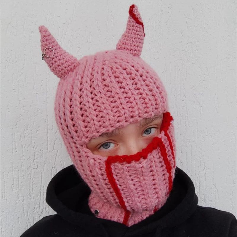 Y2K Style Crochet Halloween Party Cow Horn Parent-Child Ski Mask Hat