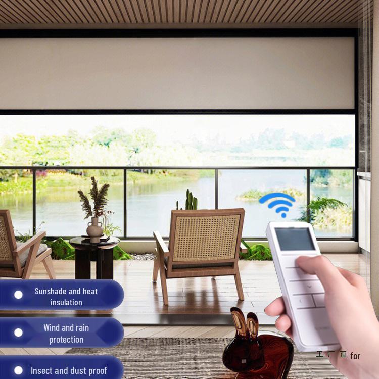 Smart Windproof Electric Roller Blind: Automatic Lifting, Light Blocking, Rainproof, Mosquito-Proof, Remote-Controlled Balcony Curtain.