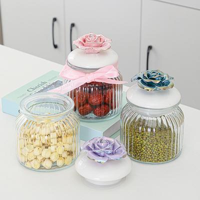 Rose Keramikdeckel Glasbehälter Haushaltsvorratsbehälter Gestreiftes Glas Vorratsglas Küche Verschiedenes Getreide Snacks Aufbewahrungsbehälter