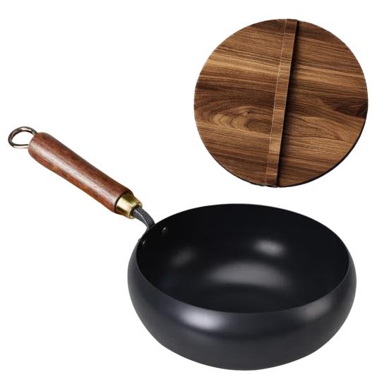 Forged Iron Wok with Wooden Lid Nonstick Skillet Pot Even Heating Fry Pan for Gas Stove Induction Cooker Ergonomic Handle Cooking Pot