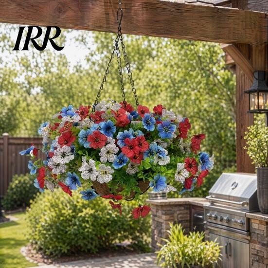 Decorative Flower Basket Artificial Hanging with for Outdoors, 4th of July Patriotic Faux Violet Flowers Flowers, UV Resistant Fake Plants
