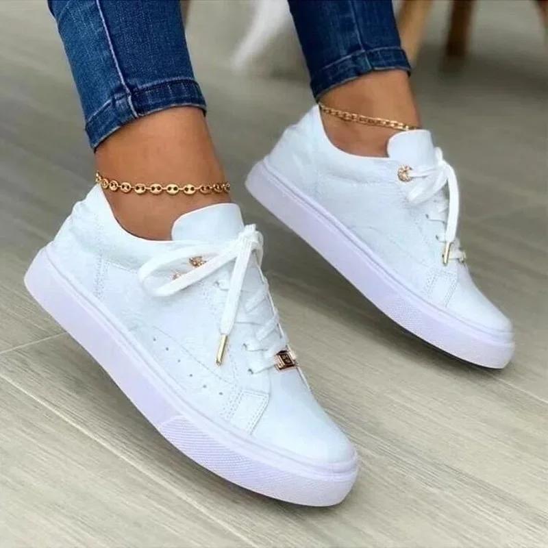 Rose Gold Women Vulcanized Shoes Solid Color Low-heeled Flat Casual Shoes with Golden Buttons 2024 New Lace Up Female Sneakers