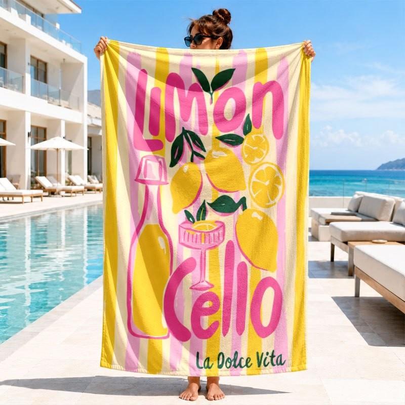 Summer Limoncello Letter Style Pink Yellow Stripe Limoncello Bottle Fruit La Dolce Vita Print Quick Dry Beach Towel