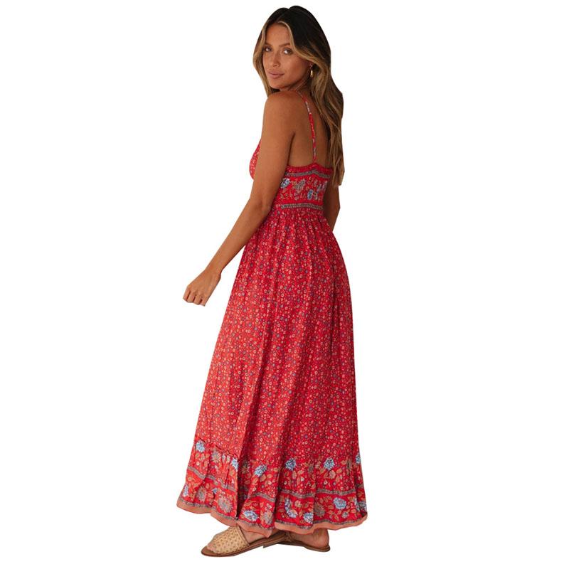 Womens Summer Floral Long Dress Ladies Bohemian V-neck Suspender Floral Holiday Dress