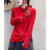 Women's Autumn and Winter Wear Loose Fitting Retro Ethnic Style Buttoned Bottom Shirt   Diagonal Collar Long Sleeved T-shirt