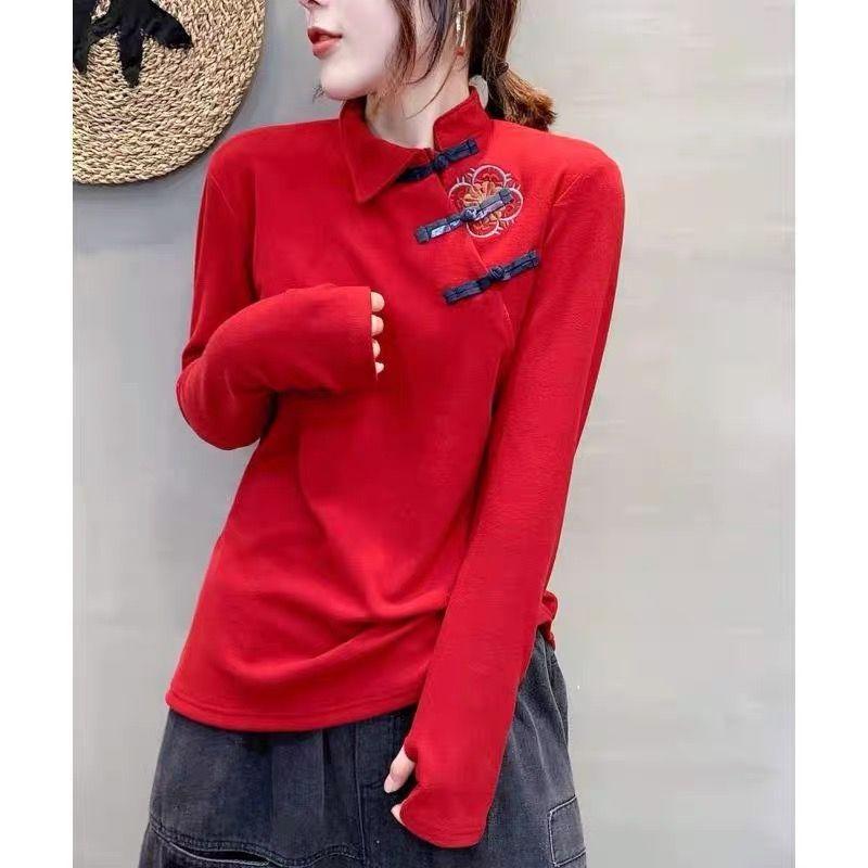 Women's Autumn and Winter Wear Loose Fitting Retro Ethnic Style Buttoned Bottom Shirt Diagonal Collar Long Sleeved T-shirt