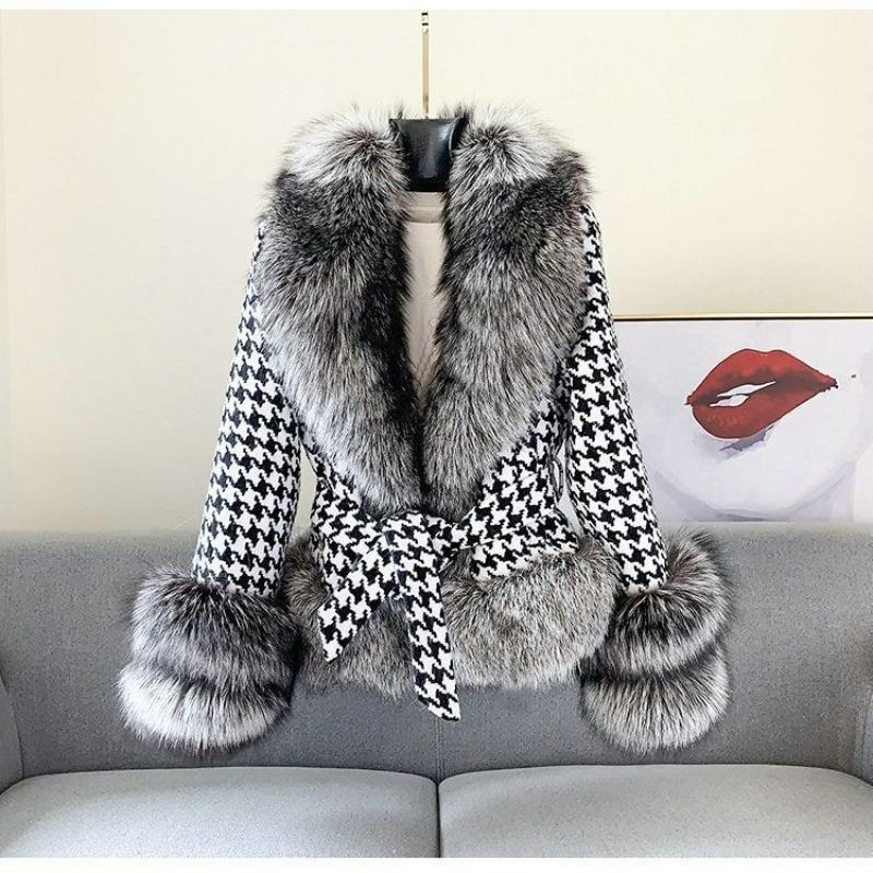 Fur Jacket Women's Short New Light Women's Short Thousand Bird Grid Fur Collar Silver Fox Fur Coat