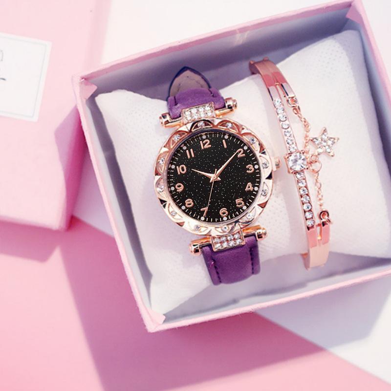 Women'S Watch Fashion Casual Women'S Quartz Watch Simple Rhinestone Flower Disc Watch Star Bracelet Set