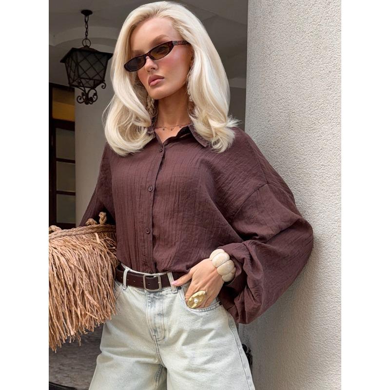 Women S Loose Lantern Long Sleeve Shirt Lapel Button Thin Sun Protection Cardigan