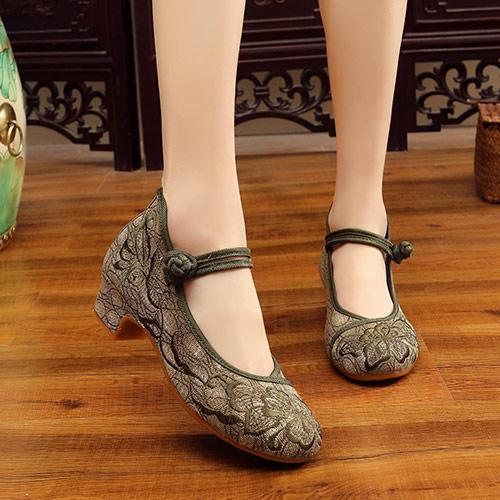 Flower Embroidered Women Low Block Heel Canvas Pumps Ankle Strap Elegant Ladies Comfort Chinese Cheongsam Cotton Shoes Mujer