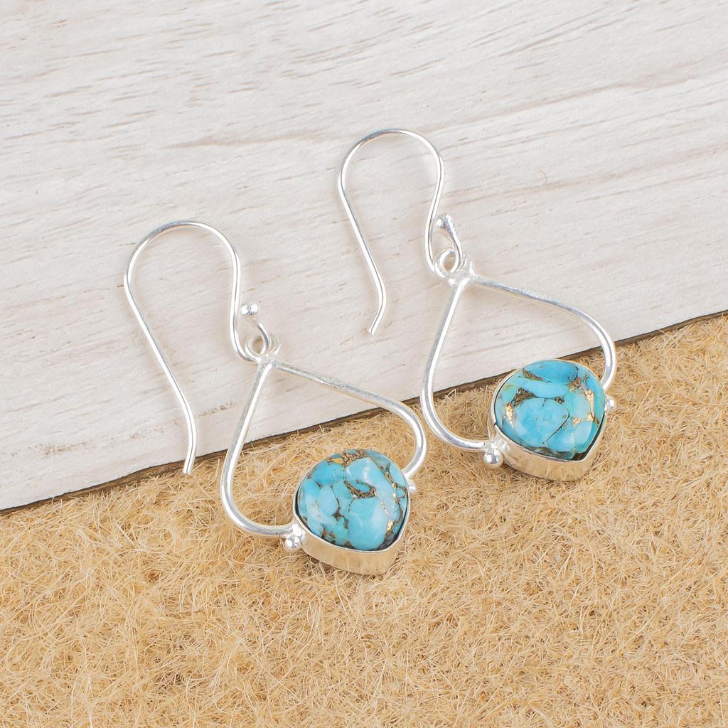 Kolczyki z niebieskiej miedzi i turkusu, ręcznie robione kolczyki z kamieni szlachetnych, kolczyki ze srebra próby 925, biżuteria antyczna, prezent zaręczynowy