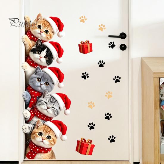 Holiday Decorative Door Clings Christmas Cat Sticker, Cute Santa Hat Kittens Wall Decal, Self Family Festive Interior Decorations Adhesive Waterproof