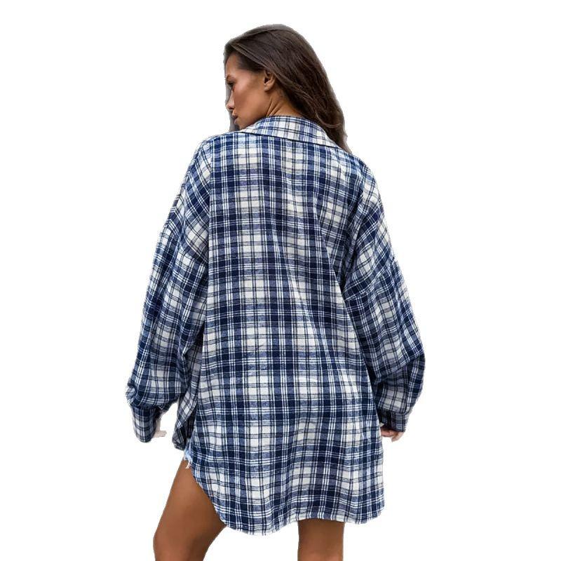 Women's Versatile Plaid Turn-Down Collar Blouse - Loose Fit, Long Sleeve, with Pockets, European & American Style, 2025 Collection.