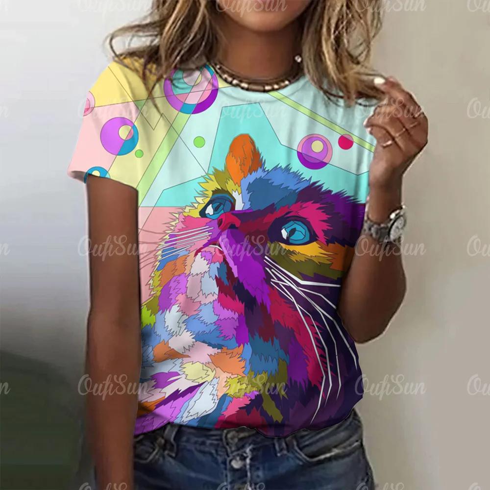 Summer Round Neck 3D Cat Printed Top Fashionable Casual Short Sleeved Women's T-shirts