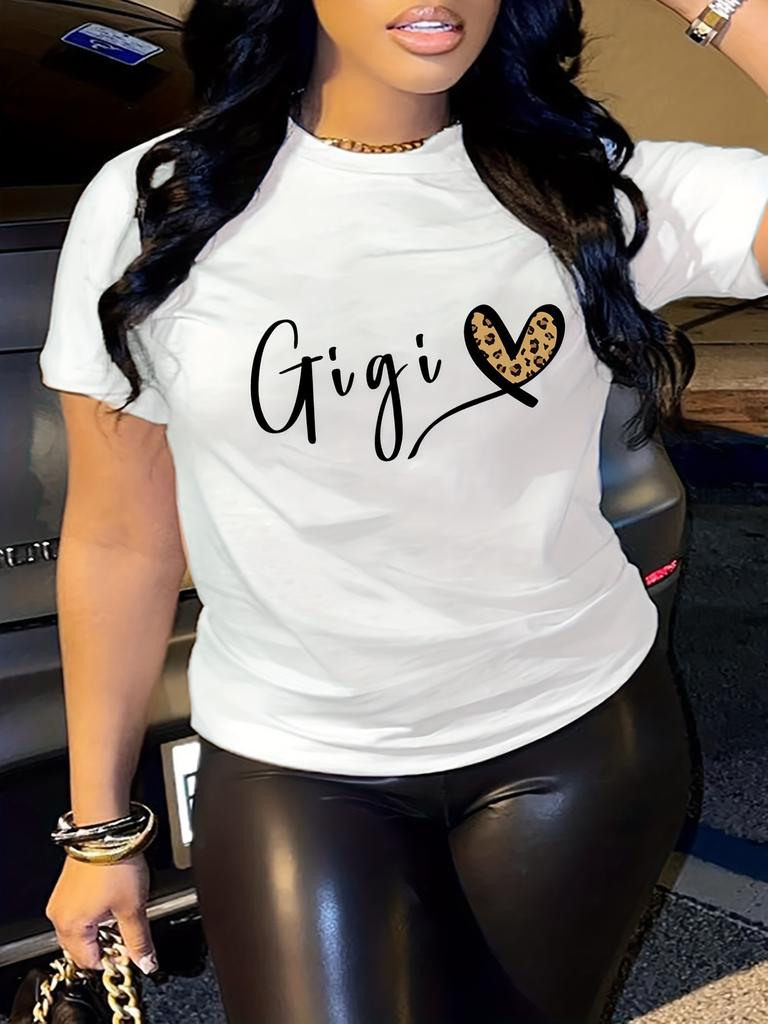 Gigi Letter Heart Print T-Shirt, Crew Neck Short Sleeve T-Shirt, Casual Every Day Tops, Women's Clothing