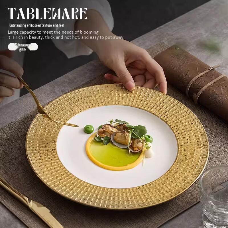 Assiette à raviolis style japonais en porcelaine d'os à bord doré