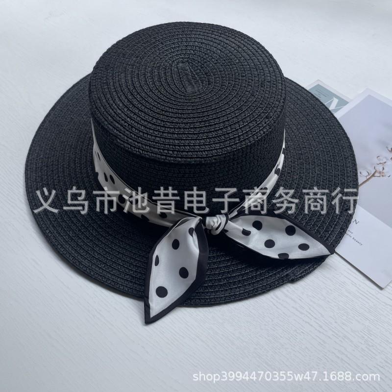 Flat top straw hat women's summer fashion polka dot wide edge top hat versatile sun hat beach sun hat