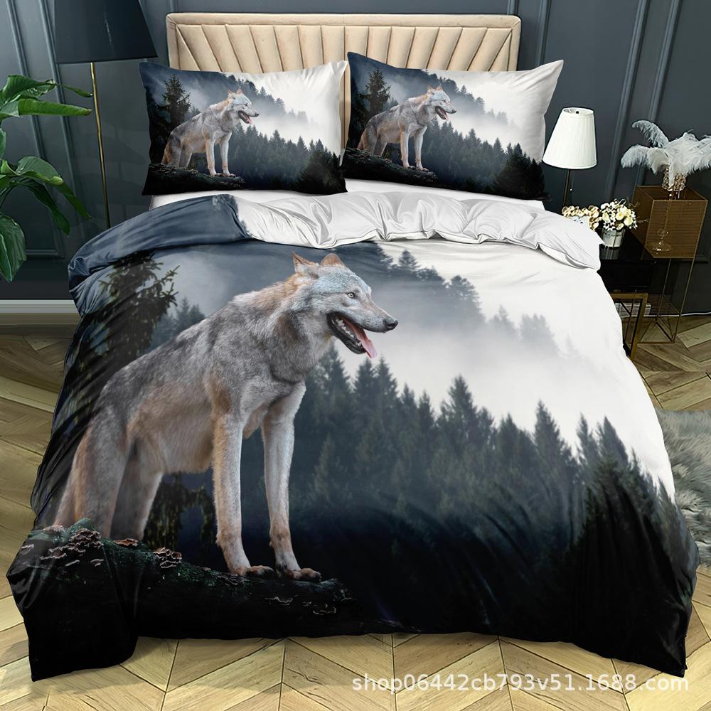 Wolf Themed Bedding Set with Animal Pattern Down Duvet and Pillowcase 2/3 Pieces of Microfiber Fabric Washable and Quick Drying Home Decoration