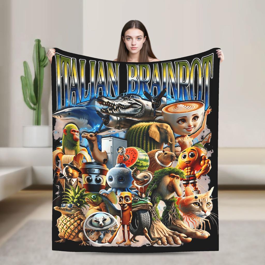 Funny Italian Brainrot Memes Compilation Blanket Travel Flannel Throw Blanket For Home Decor Super Warm Quality Bedspread Gift