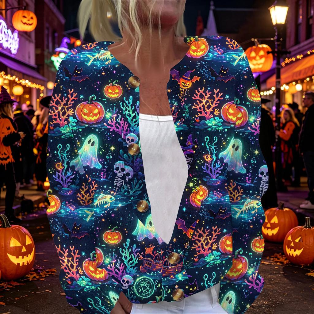 Damen Halloween Print Langarm Strick Cardigan Knopfleiste Pullover Mantel Leichte Oberbekleidung für Herbst und Winter