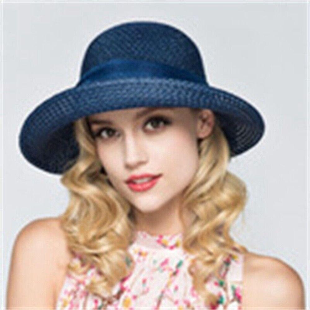 

Летняя кепка с широкими полями и бантом из ленты для женщин, пляжная соломенная шляпа, панама, шляпа от солнца темно-синий
