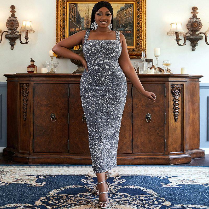 

Cross-Border European and American Plus-Size Women s Mid-Length Sleeveless Sequin Mermaid Evening Dress Birthday Dress Gray 1XL