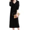 V-neck knitted dress women's autumn and winter temperament plaid long loose large size bottoming sweater skirt