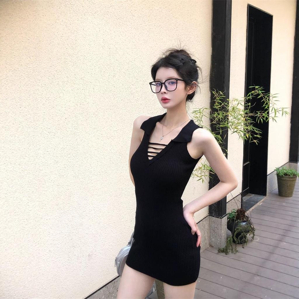 Pure Desire Wind Backless Knitted Neck Dress Women's Summer Slim-fitting Waist Sleeveless Skirt Showing Figure Hip-wrapped Short Skirt