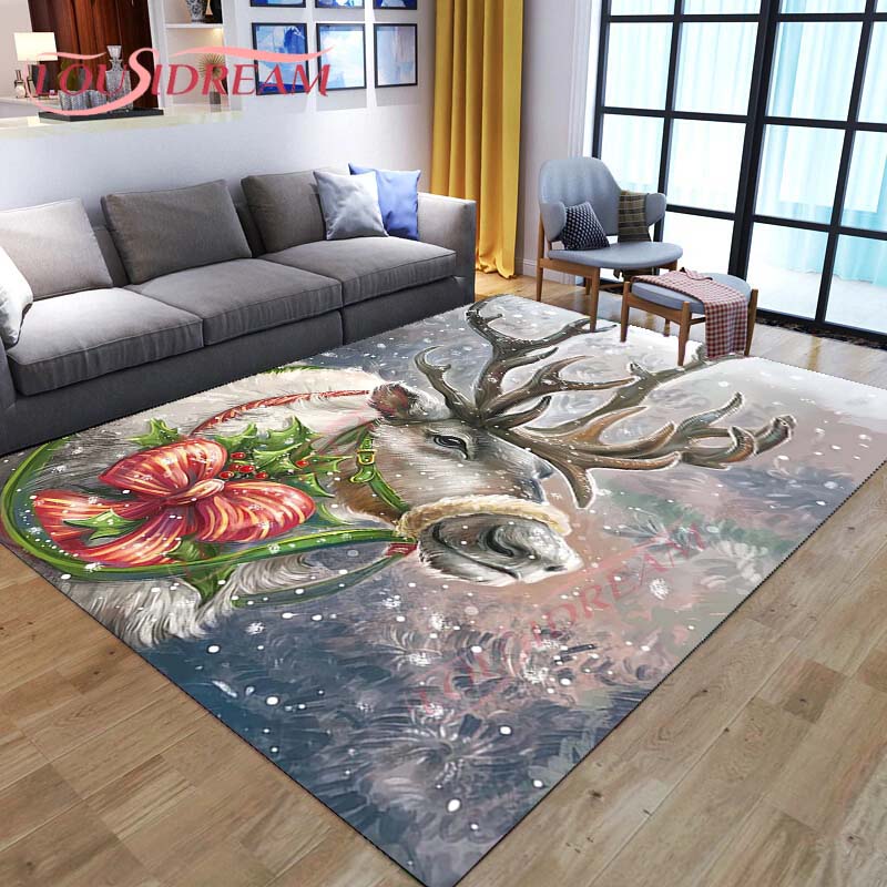 3D Cartoon Deer Rug Wildlife Mountain Landscape with Forest Carpet for Home Living Room Elk Carpet for Laundry Kids Play Carpets