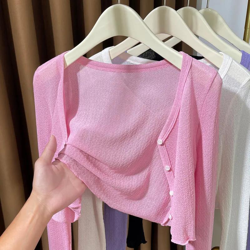 Ice Silk Shawl Blouse Sun Protection Clothing for Women New Spring Autumn Short Knitted Thin Cardigan Jacket Top