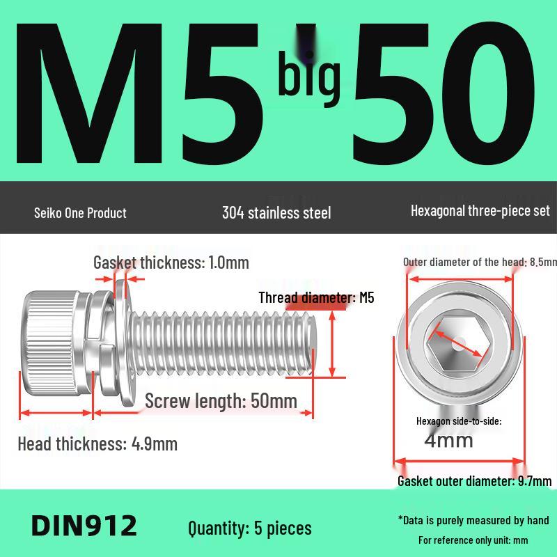 304 Stainless Steel Hex Socket Cap Screw with Washer - Sizes M3, M4, M5, M6, M8, M12
