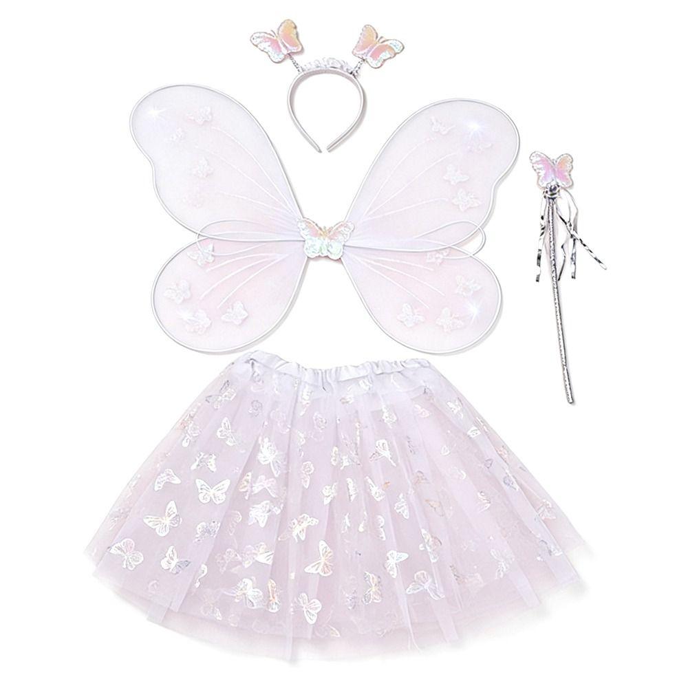 4Pcs/Set Fairy Princess Costume Butterfly Wings Puff Skirt Butterfly Wing Set Headband Fairy Wand Princess Party Costume