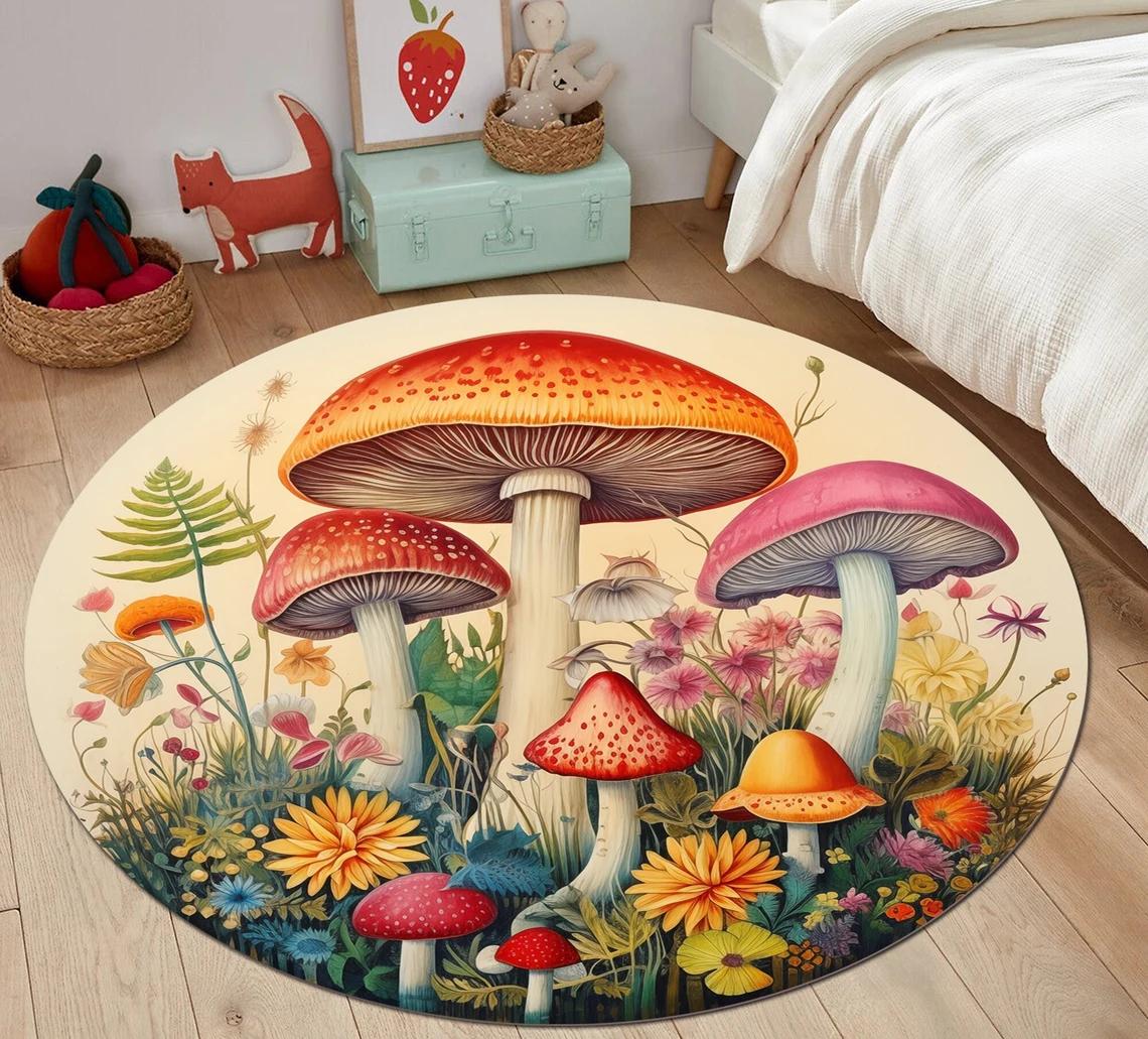 

Vintage Mushroom Circle Carpet Utility Round Rug for Living Room Bedroom Deco Kitchen Under Table Floor Mat Non Slip Vintage Rug 100cm
