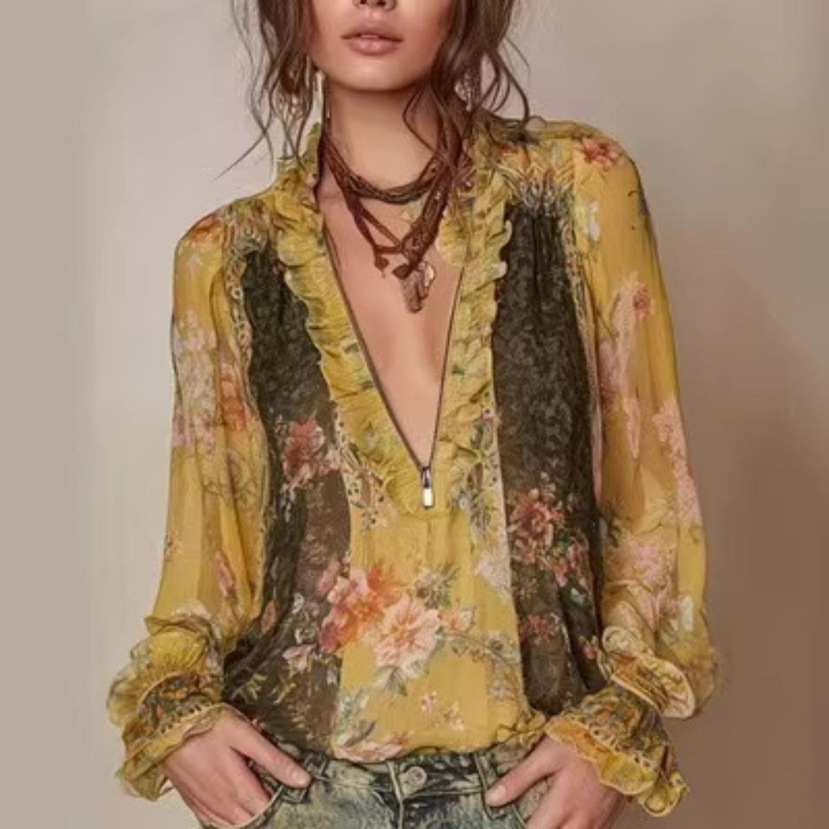 Women s V‑Neck Long Sleeve Blouse Loose Fit Bohemian Floral Print Chiffon Top S