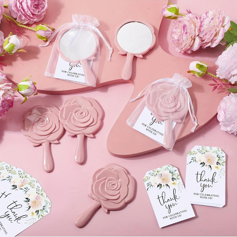30pcs/Set Mirror Plastic Compact Mirrors with Rose Design Bridal Thank You Card Yarn Bag Wedding Party Gift Bridal Shower Favors