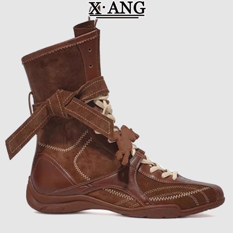 Cowhide Version Maillard Brown Boxing Boots Inner Height Increase Martin Boots Women's Retro Locomotive Boots Outdoor Mid Boots