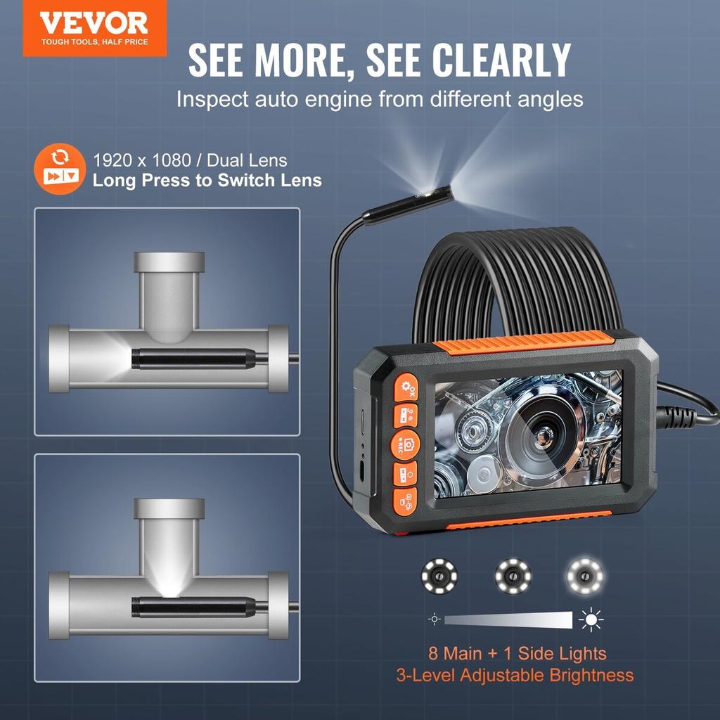 Endoscope Camera with Lights Dual Lens Borescope 16.4FT Cable 4.3" Screen