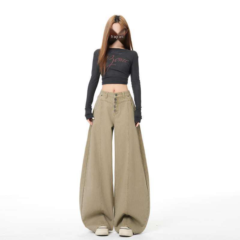 In Stock: Women s Green Retro Loose Wide-Leg Pants Large