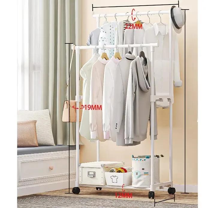 1PC Movable Bedroom Clothes Rack Floor Standing Double Rod Organizer Sheif with Bottom Shelf and Side Hooks for Coat Hat Storage
