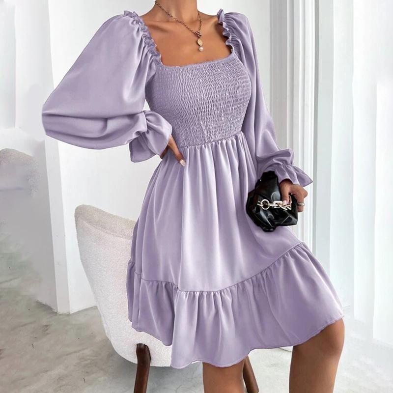 2025 French Minimalist Square-Neck Dress Long-Sleeve High-Waisted Bodycon Dress with Flounced Hem