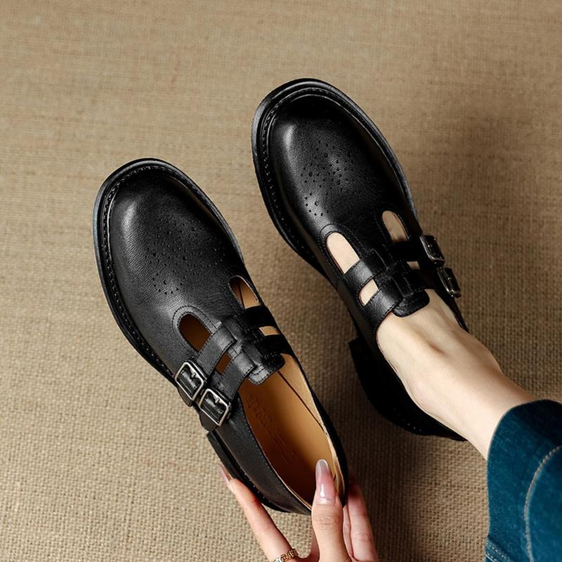 Mode NY Höst/Vår Dam Loafers Äkta Läder Skor Dam Rund Tå Tjock Klack Skor Snidad Spänne Dam Pumps Vardagsskor